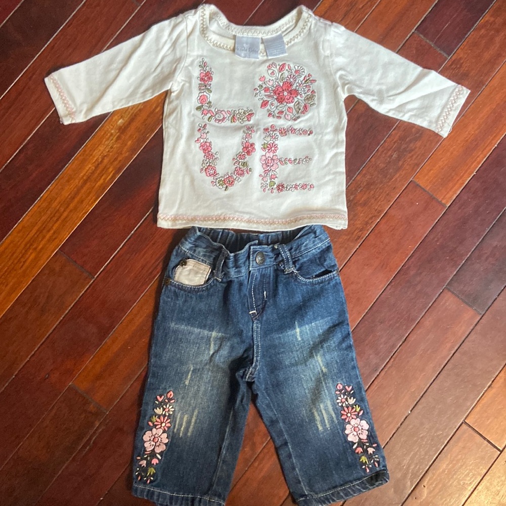 Koala Kids 2 piece floral set, long sleeve shirt and jeans, 6-9 months